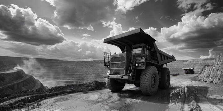 A black and white photo of a dump truck. Suitable for construction industry projects