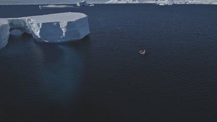 Tabular Ice Piece Arctic Ocean Aerial Drone View. Big Ice Formation Melt in Clear Antarctica Water,...
