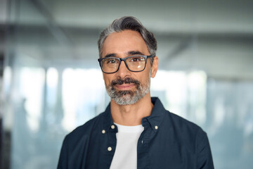 Happy middle aged professional business man, smiling mature executive ceo manager, 45 years old male entrepreneur, confident business owner wearing glasses in office. Headshot portrait. - obrazy, fototapety, plakaty