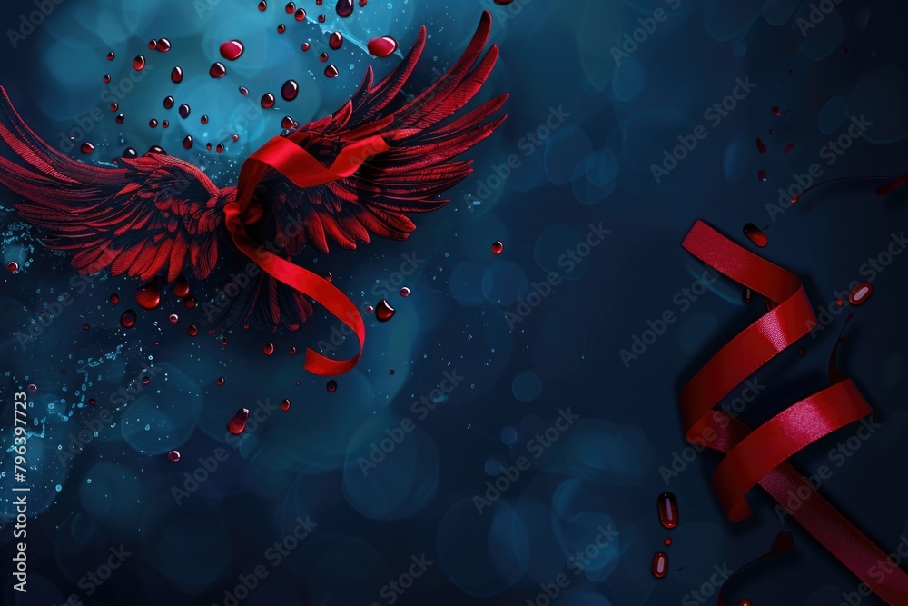 Poster A striking image of a red bird with a ribbon on a vibrant blue background. Perfect for various design projects