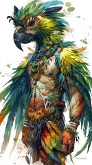 An anthropomorphic character that has the features of a parrot. This character has a parrot's head with bright green and blue feathers, as well as a human body