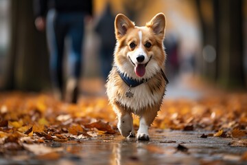 Corgi walks in the park, warm autumn dog walk.