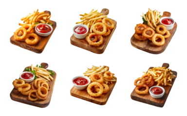 Collection wooden board of onion rings and french fries with ketchup isolated on a transparent background, PNG