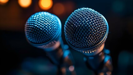 Setting up two microphones in a dimly lit space for podcasting or interviews. Concept Podcasting, Interviews, Dimly Lit, Microphones, Audio Quality