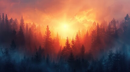 Illustration of the first light of sunrise gently breaking through a misty, serene forest