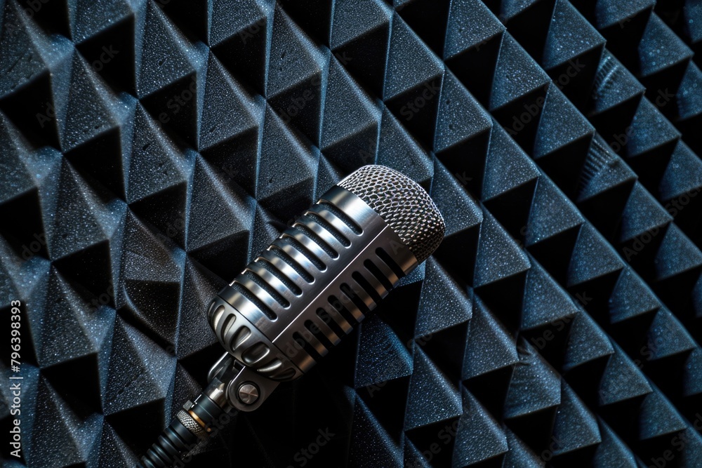 Poster A microphone placed on a sound booth. Ideal for music production projects