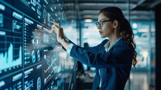 A mockup of a support rep conducting a virtual training session using an interactive touchscreen wall to demonstrate new software features to clients