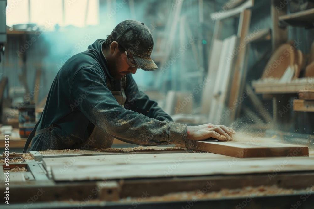 Aufkleber a man working on a piece of wood. suitable for carpentry projects
