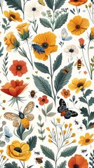 Illustration of a floral and entomological print. It includes different types of bright flowers, such as poppies and small yellow flowers, set among various green leaves. In addition to flora