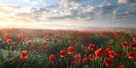 Beautiful field of red poppies in the sunset light, Spring wildflowers under the rays of the sun The beauty of nature . 
