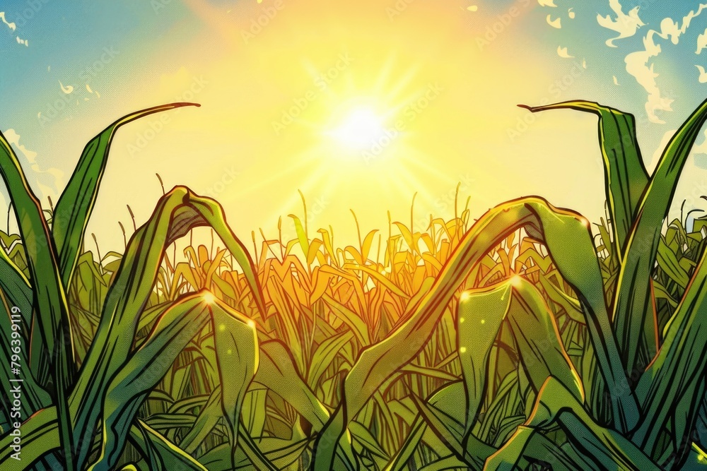 Poster a beautiful corn field with the sun shining in the background. ideal for agricultural and nature con