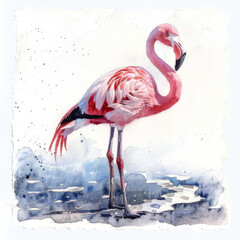 A serene flamingo stands in water, depicted in watercolor against a blue background with artistic splatters. - obrazy, fototapety, plakaty