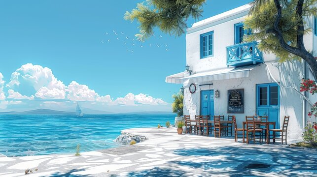 Greek culture with traditional white and blue greek architecture, taverna by the sea
