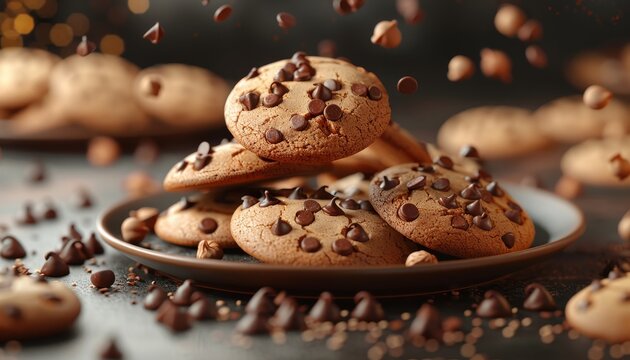 3D rendered image of a levitating plate of cookies with ingredients like chocolate chips and nuts suspended around it for a bakery commercial