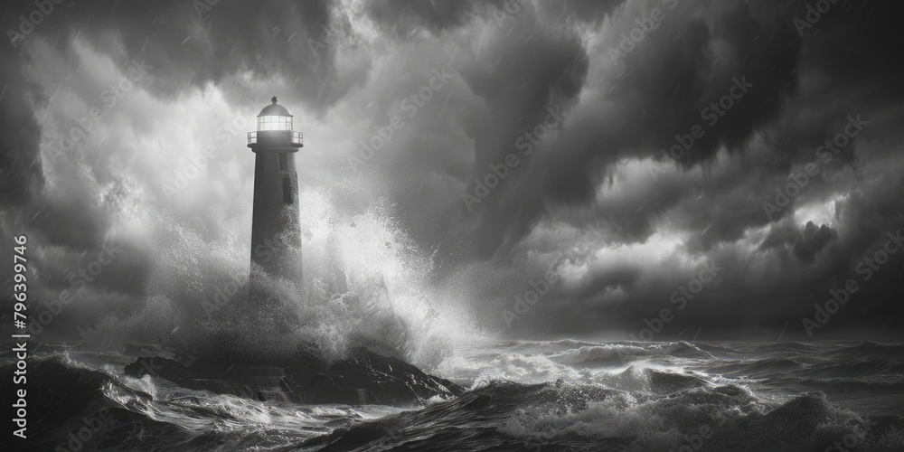 Poster A black and white photo of a lighthouse on a stormy day. Suitable for weather-related concepts