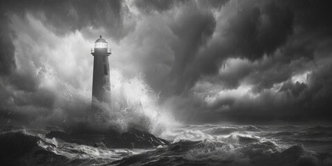 A black and white photo of a lighthouse on a stormy day. Suitable for weather-related concepts - Powered by Adobe