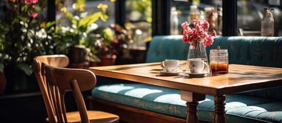 Coffee shop interior with vintage furniture and flower vase on table
