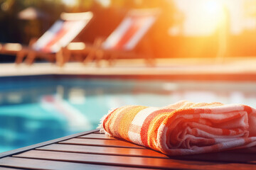 Beach towel on wooden lounger near swimming pool. Vacation concept