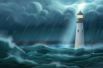 A painting of a lighthouse on a stormy day. Suitable for various design projects