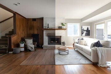 Transformation Showcase: Before and After Photos of Living Room Renovation. Concept Home Renovation, Before and After, Living Room Makeover, Interior Design Transformation, Home Improvement