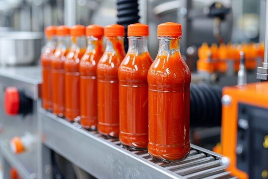 Streamlined ketchup bottling operations in a typical factory setup for optimal production efficiency