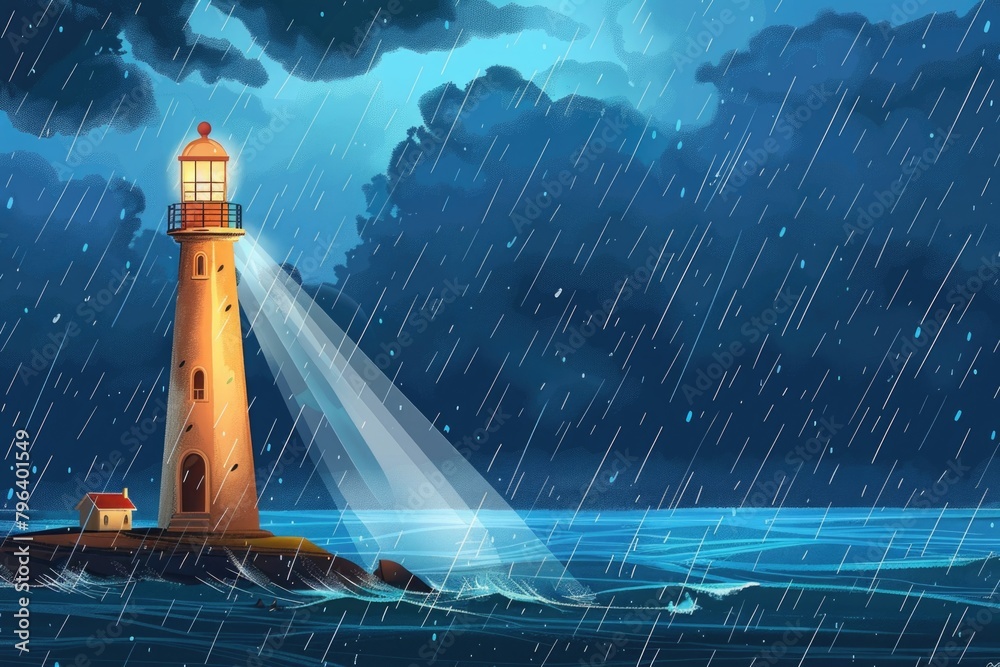 Poster A lighthouse standing in the middle of the ocean under a cloudy sky. Suitable for maritime themes