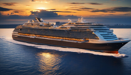 cruise ship on the ocean in sunset