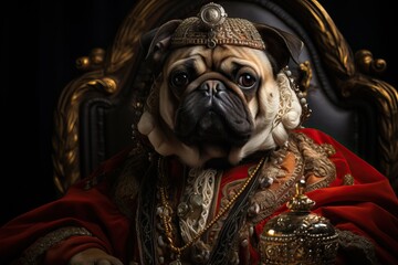 Obraz premium A pug in the style of a king sits on a throne.
