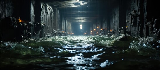Dark underground tunnel with lights and smoke.