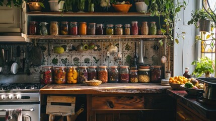 A kitchen with a lot of jars and bottles on the counter