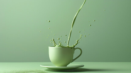 Process of pouring green matcha tea into a cup. Splashes. Healthy beverage Japanese cuisine concept