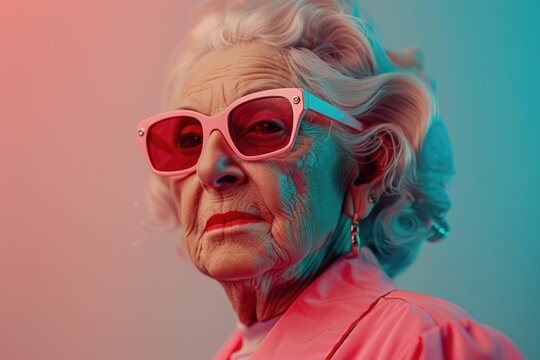 Stylish Older Woman In Pink Sunglasses