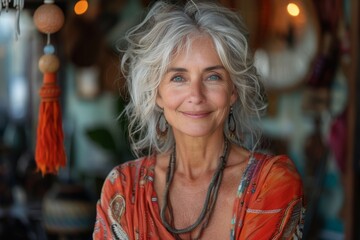 Obraz premium Chic mature woman with white hair and turquoise jewelry exudes confidence and style in an eclectic interior