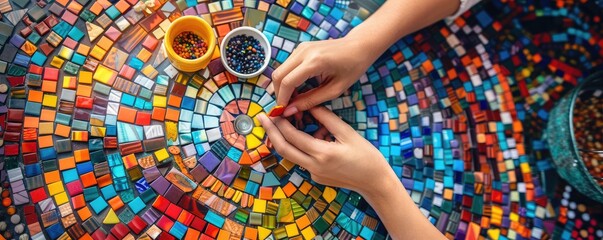 A person is working on a mosaic piece, using a variety of colored tiles