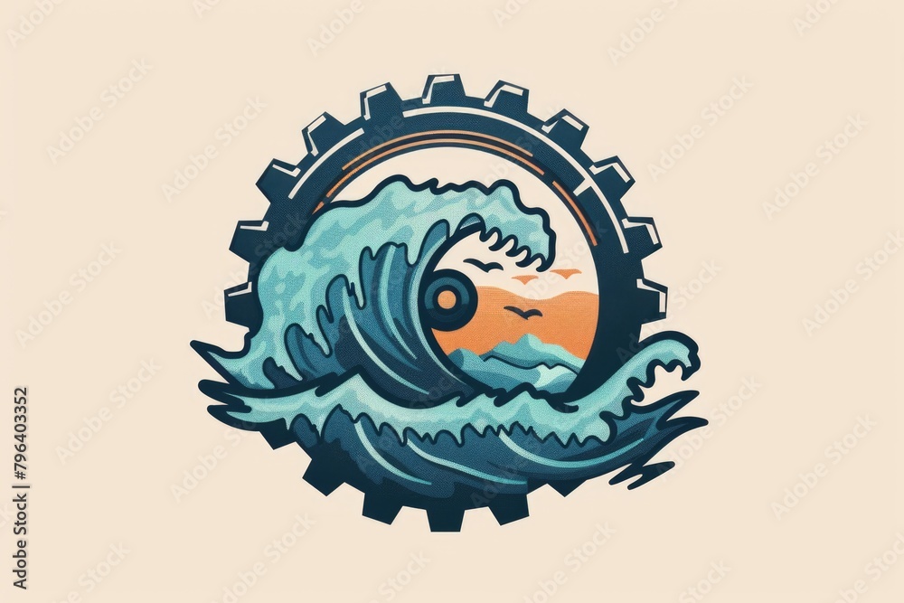 Poster a powerful wave emerging from a gear wheel. suitable for technology and nature concepts