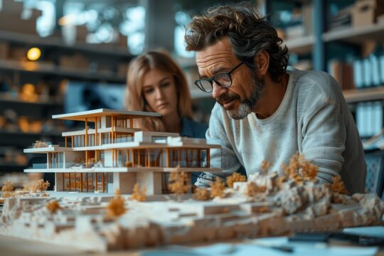 Senior architect with glasses discussing the building model with a younger assistant