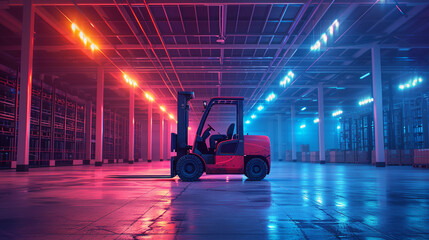 Solitary forklift in a high-ceiling warehouse, with cool neon lighting creating a futuristic atmosphere