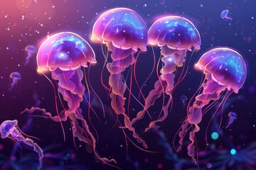 Group of jellyfish swimming in the sea. Ideal for marine life concepts - obrazy, fototapety, plakaty