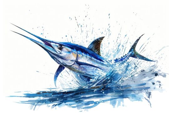 A stunning painting of a blue marlin fish leaping out of the water. Perfect for marine life or sport fishing concepts
