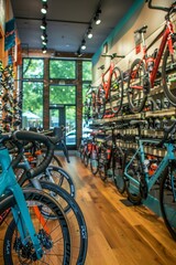 Bike shop showcasing a diverse assortment of new bicycles available for purchase - obrazy, fototapety, plakaty