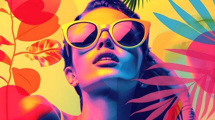 portrait of a woman in abstract lighting, woman wearing sunglasses in summer