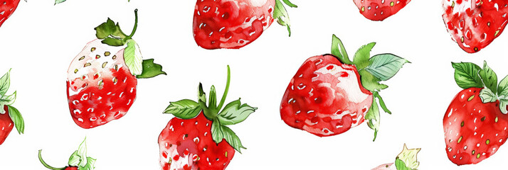 Seamless white and red strawberry pattern on pure white background, hand painted, watercolor. Generative AI