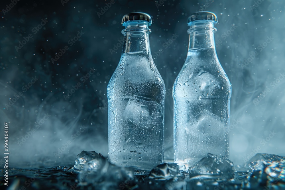 Poster two bottles of water sitting on top of ice. perfect for summer refreshment concepts