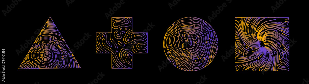 Poster Set of elegant linear shapes with surreal trippy pattern in neon colors.
