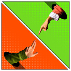 Male and female hands sticking out opposite holes on green and orange background. Arguing....