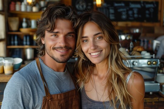 A smiling couple are wearing aprons and standing in a bakery shop filled with fresh baked goods and utensils