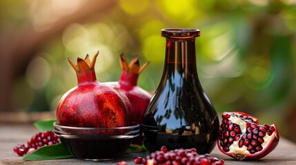 Glass bowl of pomegranate molasses with ripe fruit and split pomegranate on table