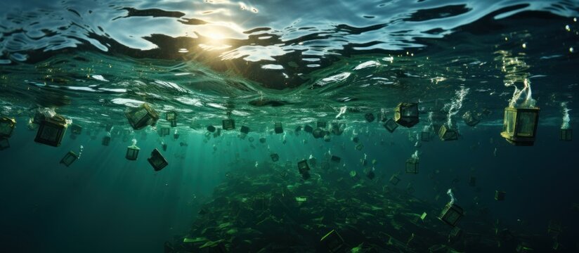 Underwater view of the sea with lots of trash, Plastic bottles floating in the water. Plastic pollution concept.