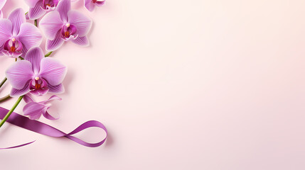 Fototapeta premium Light purple background with flowers and ribbons