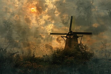 A picturesque windmill with the sun shining in the background. Ideal for travel and rural concepts - obrazy, fototapety, plakaty